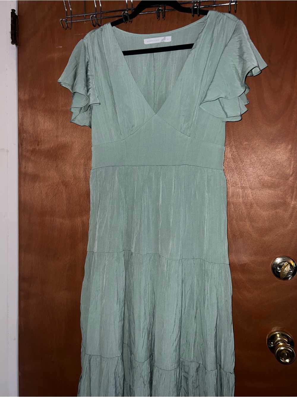Altar'd State Sage Green Tiered V-Neck Maxi Dress
